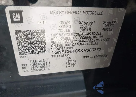 2019 Chevrolet Suburban Lt from USA, damaged, VIN 1GNSCHKC9KR386770